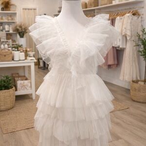White Birch White Tiered Tulle Ruffle Dress L Boutique NWOT